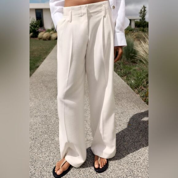 ZARA PLEATED WIDE LEG PANTS ECRU - Picture 2 of 7